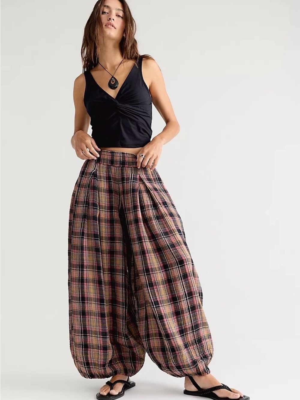 FREE PEOPLE✨ Moonflower Plaid Balloon Pants✨ Black/Pink Multicolor small S M NWT